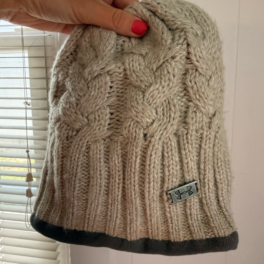Under Armour Knit Beanie in Light Taupe with Black Trim